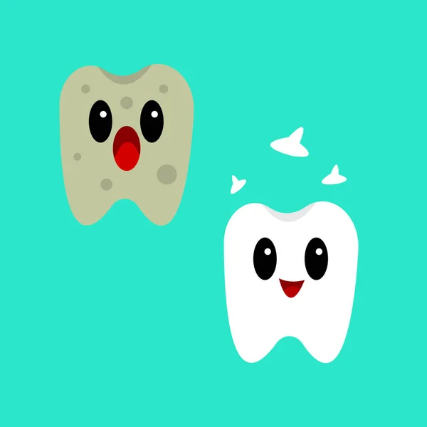 Dirty Tooth Clean Cartoon Characters Different Emotions Blue Background Concept —  Vetores de Stock