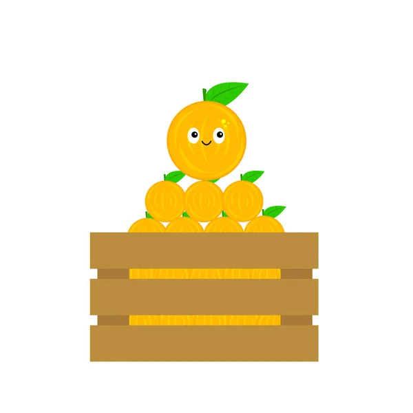 Caja Con Naranjas Personaje Dibujos Animados Frutas Tropicales Con Hoja — Vector de stock