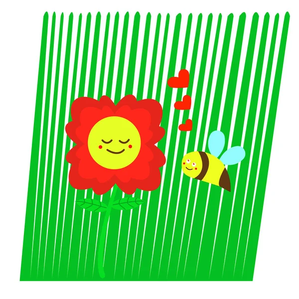 Abejorro Amor Con Una Flor Roja Con Centro Amarillo Concepto — Vector de stock