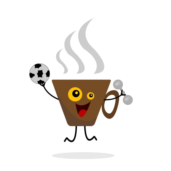 Kaffeetasse Cartoon Figur Mit Hantel Und Fußball Grauen Dampf Symbol — Stockvektor