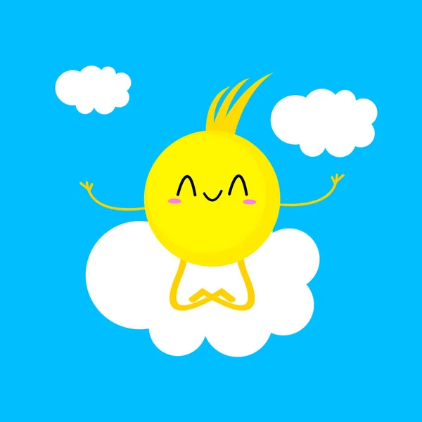 Comicfigur Sonne Meditiert Auf Einer Weißen Wolke Blauen Himmel Sitzend — Stockvektor