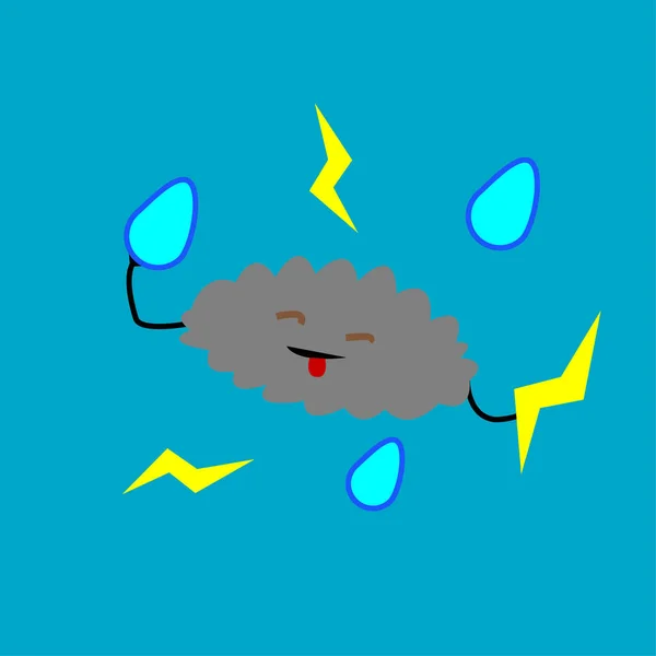 Cartoon Cloud Juggles Yellow Lightning Water Drops Showing Tongue Blue — Stock Vector