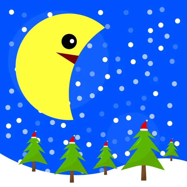 Riesiger Mond Nachthimmel Beleuchtet Weihnachtsbäume Und Fallenden Schnee Winterlandschaft Konzept — Stockvektor