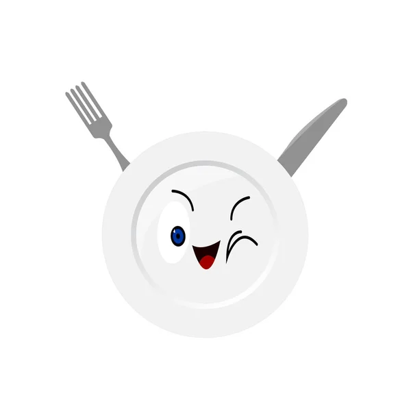 Plate Knife Fork Cartoon Character Smiling Winking White Background Concept — Stock Vector