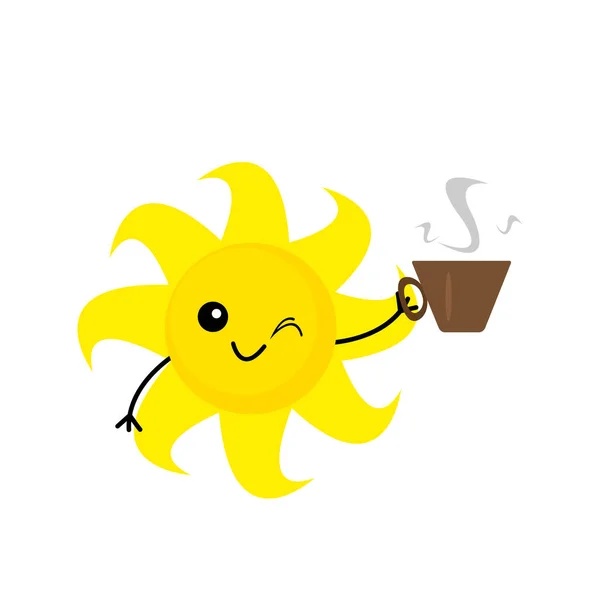 Sonne Cartoon Figur Lächelnd Und Mit Einer Tasse Kaffee Der — Stockvektor