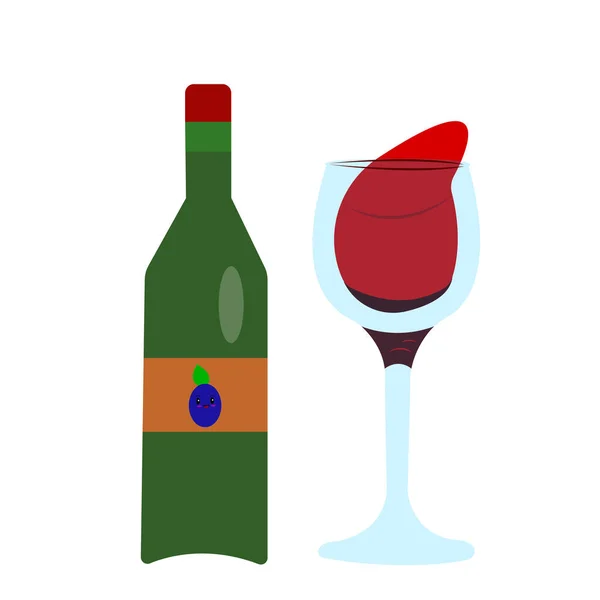 Butelka Wina Wzorem Winogron Etykiecie Przezroczysta Szklanka Rozpryskiem Białym Tle — Wektor stockowy