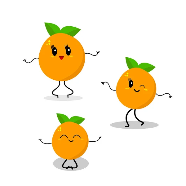 Ensemble Personnages Dessin Animé Oranges Fruits Drôles Danse Méditer Sur — Image vectorielle