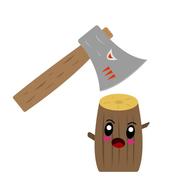 鋭利な歯を持つ獣のマズルを斧とログ面白い文字を怖がらせる鋭い刃を見て木工とツールの概念 — ストックベクタ