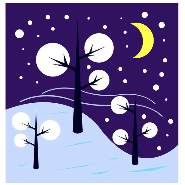 Winter Nacht Äste Mit Schnee Bedeckt Himmel Heller Mond Ist — Stockvektor
