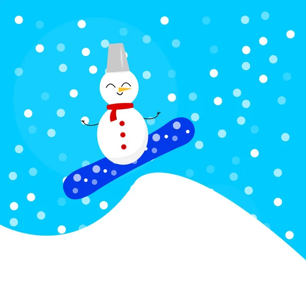 Персонаж Мультфільму Сніговик Посміхається Сноуборд Пагорбах Тлі Падаючого Снігу Блакитного — стоковий вектор