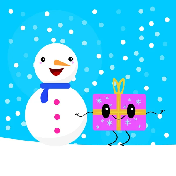 Muñeco Nieve Cajas Baile Embalaje Festivo Personajes Dibujos Animados Sonriendo — Vector de stock