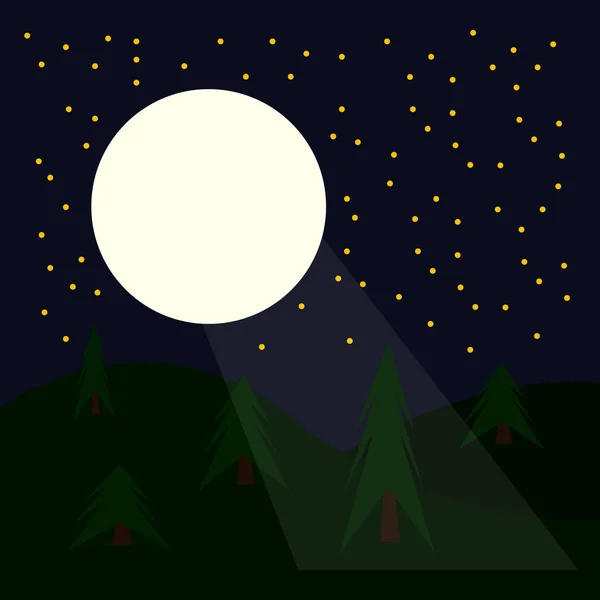 Μεγάλο Φωτεινό Φεγγάρι Φωτίζει Αστέρια Έλατο Νύχτα Λάμψη Στο Νυχτερινό — Διανυσματικό Αρχείο