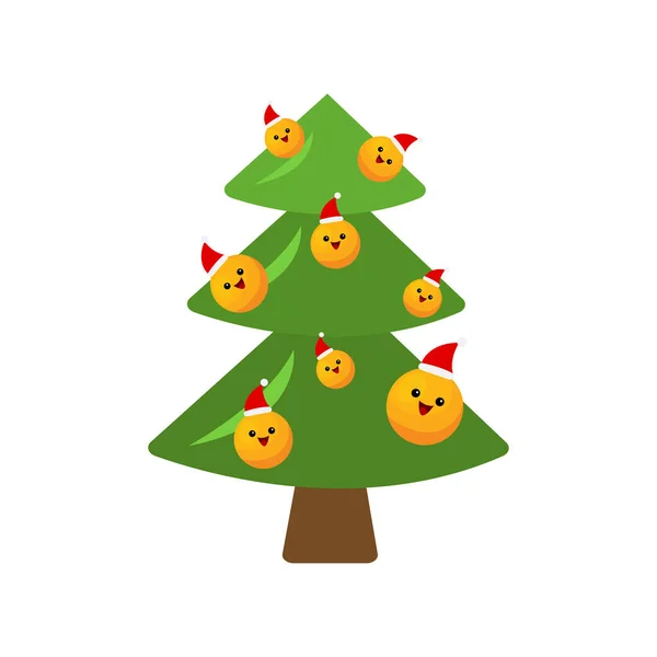 圣诞圣诞树上挂着桔子 戴着圣诞帽 可爱的卡通人物们笑着 这是以新年和寒假的白色背景为主题的 — 图库矢量图片