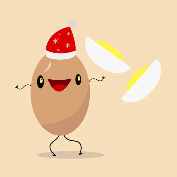 Gallina Huevo Marrón Personaje Dibujos Animados Santa Hat Bailando Sobre — Vector de stock