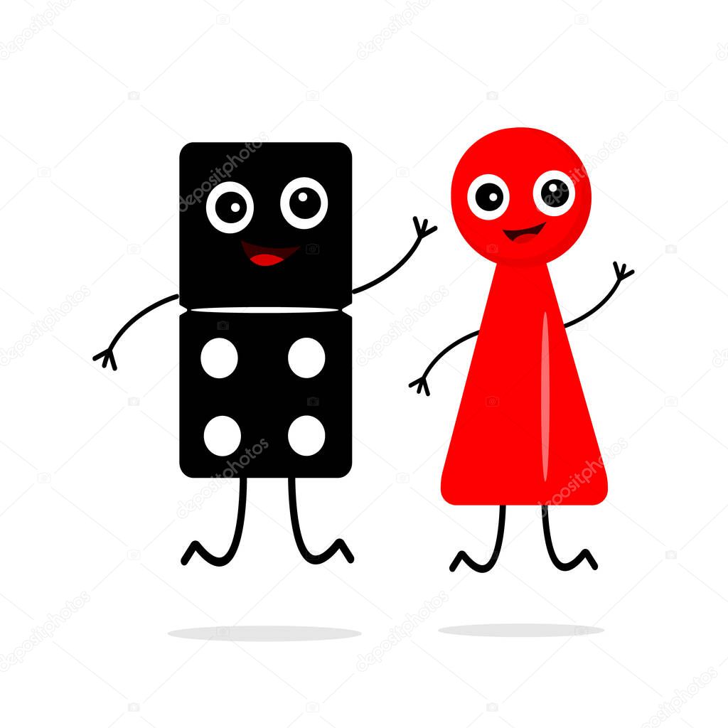 Black and white dice for playing dominoes and a red chip for board games. Funny cartoon characters in a jump. Sport and hobby concept.