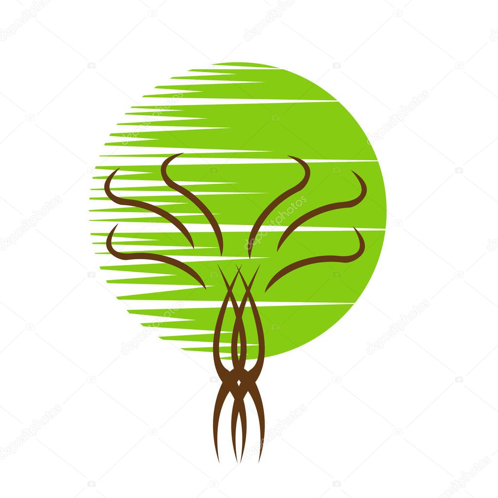 Forest tree natural logo with green round top and slice patterns intertwined brown trunk object on white background