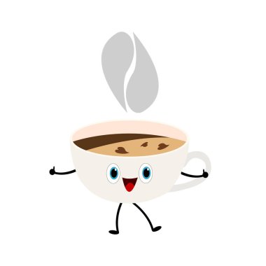 Kalp şeklinde köpük desenli bir fincan aromatik kahve ve mavi ışıltılı gözlü gri buğday şekilli buhar çizgi film karakteri ve tatlı bir gülümseme popüler bir Dr. Canlandırıcı 'nın beyaz arka plan kavramının onaylanmış bir jesti nesnesi olarak başparmaklarını kaldırıyor.