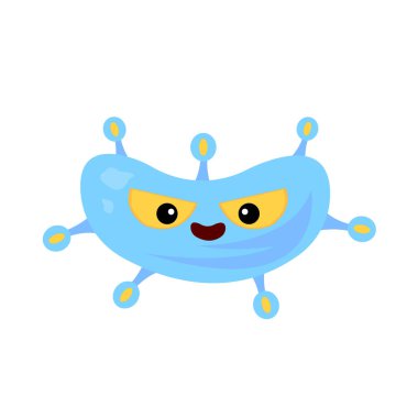 Büyük turuncu gözlü mavi mikroorganizma beyaz arka plan virüsü ve tıp konsepti üzerine çizgi film karakteri bakterisi