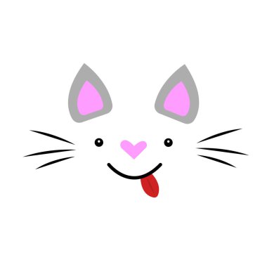 Küçük ve yuvarlak siyah gözlü kedi ağızlığı, kalp şeklindeki burun ve beyaz arka plan hayvan ve evcil hayvan kavramında kırmızı çıkıntılı dil objesi