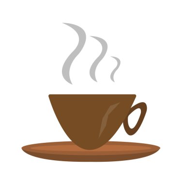 Kahverengi kahve fincanı çay tabağı desenli gri dalgalı buhar konsepti. Popüler bir sıcak içecek objesi ve beyaz arka plan logosu tasarlamak için.