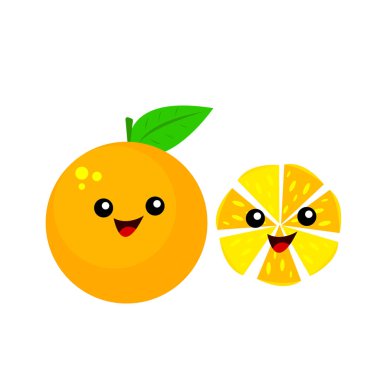 turuncu tropikal çizgi film karakteri beyaz arka plandaki vitamin ve meyve nesneleri kavramına gülüyor.