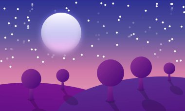 Ay ve yıldızlar, yamaçlarda duran ağaçları aydınlatır. Ve etrafta tasarım için duvar kağıtlarını büyüleyen kimse yoktur.