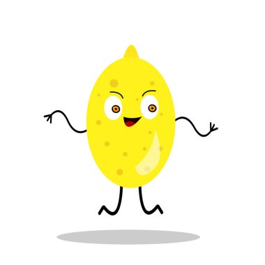 Beyaz arka planda vitamin ve meyve kavramına atlayan limon aktif ve parlak çizgi film karakteri