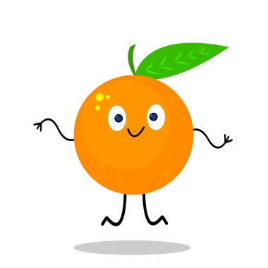 Parlak mavi gözlü portakal rengi çizgi film karakteri. Sevimli, gülümseyen ve beyaz bir arka plan konsepti olan meyve ve vitaminler üzerinde zıplayan sağlıklı yiyecek.