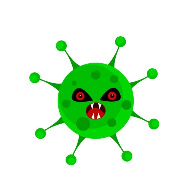 Sivri dişleri ve kırmızı gözlü yeşil virüs canavarı. Beyaz arka planda zararlı mikroorganizmalar ve sağlık nesneleri kavramı.