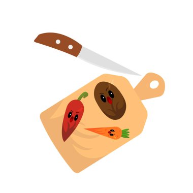 Patatesler kırmızı biber ve havuç karakterleri sebzeler kesim tahtasının üzerinde yatar ve bıçak ucuna yakın bir yerde korkarak bağırırlar. Beyaz bir arka plan kavramı olan yemek pişirme ve malzemeler üzerine.