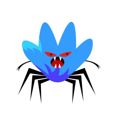 Keskin dişleri ve parlak kırmızı gözleri olan mavi kötü canavar ve beyaz arka plandaki korkutucu nesne mistik ve cadılar bayramı kavramı.