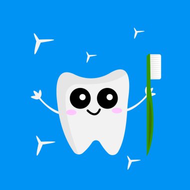 Elinde bir fırça tutan sevimli bir gülüşü olan dişli çizgi film karakteri. Mavi arka plan tıp ve sağlık anlayışı üzerine bir nesne..