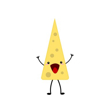 Yuvarlak delikli üçgen peynir dilimi çizgi film karakteri beyaz arka plan süt ürünleri ve yiyecek kavramına gülüyor