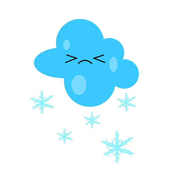 云彩无趣的卡通人物和飘落的蓝色雪花在白色背景下的物体冬季和寒冷的抓拍概念 — 图库矢量图片