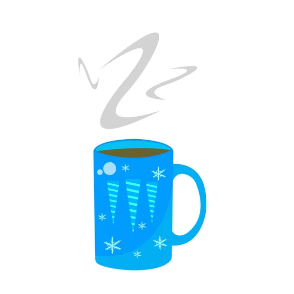 Голубая Чашка Горячими Чайными Узорами Сосульки Объект Снежинки Белом Фоне — стоковый вектор