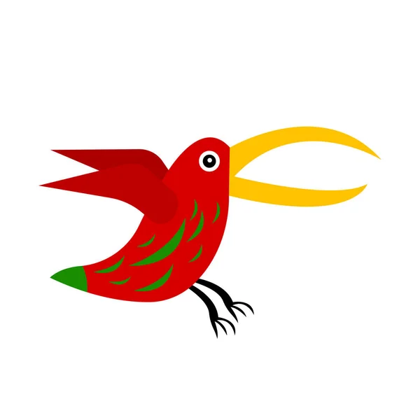Roter Vogel Mit Langem Orangefarbenem Schnabel Und Grünen Mustern Tier — Stockvektor
