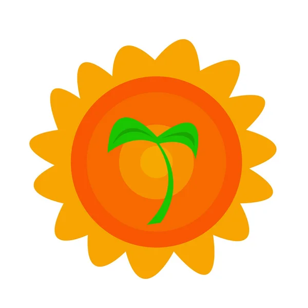 オレンジ色の太陽を背景に芽生えます 農業作物や植物のロゴデザインのコンセプト — ストックベクタ