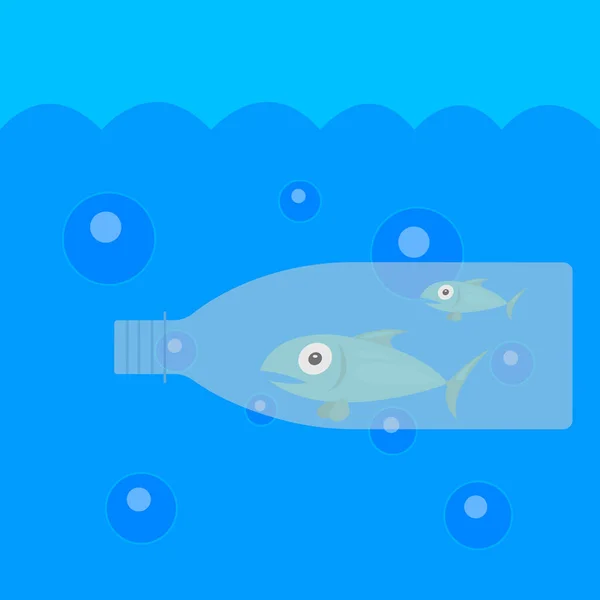 Transparente Plastikflasche Mit Überraschten Fischen Schwimmt Unter Wasser Konzept Der — Stockvektor