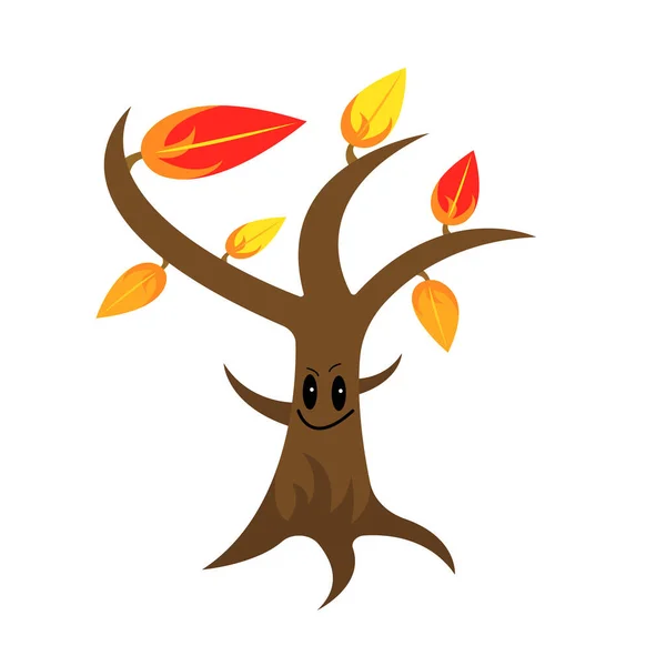 Autumn Tree Personajes Dibujos Animados Con Linda Sonrisa Hojas Brillantes — Vector de stock