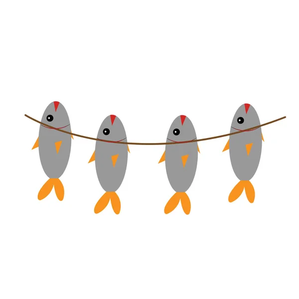 Pescado Dibujos Animados Secos Colgando Objeto Cuerda Para Pesca Concepto — Vector de stock