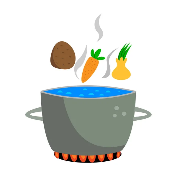 Λαχανικά Πέφτουν Μια Κατσαρόλα Βραστό Νερό Που Στέκεται Στη Φωτιά — Διανυσματικό Αρχείο