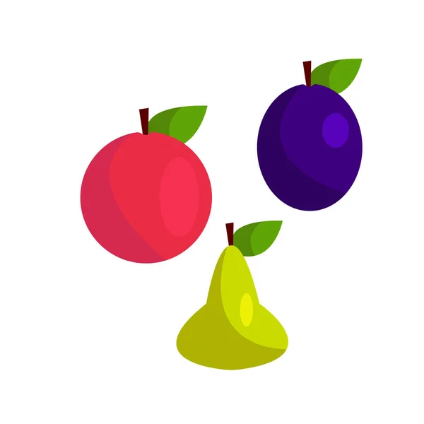 Apfelpflaume Und Birne Auf Weißem Hintergrund Set Von Gesunden Früchten — Stockvektor