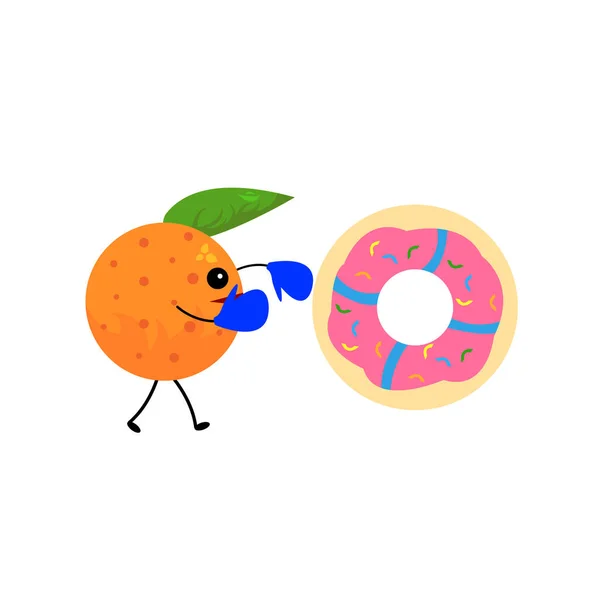 Πορτοκαλί Χαρακτήρα Κινουμένων Σχεδίων Πυγμάχος Κτυπά Γλυκό Αντικείμενο Ντόνατ Λευκό — Διανυσματικό Αρχείο