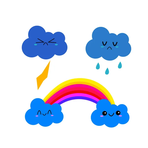 Wolken Mit Unterschiedlichen Emotionen Nette Comicfiguren Regenbogenblitz Und Regen Wetter — Stockvektor