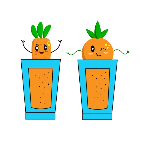 Καρότο Και Χυμό Πορτοκαλιού Γυαλιά Χαρακτήρες Κινουμένων Σχεδίων Για Σχεδιασμό — Διανυσματικό Αρχείο