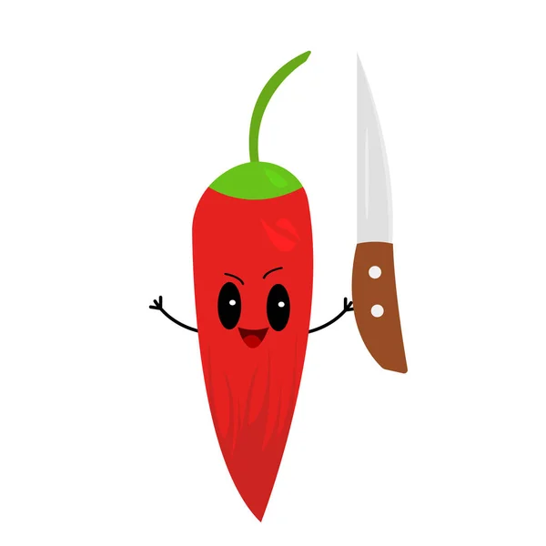 Personaje Dibujos Animados Pimienta Roja Riendo Sosteniendo Objeto Cuchillo Cocina — Vector de stock