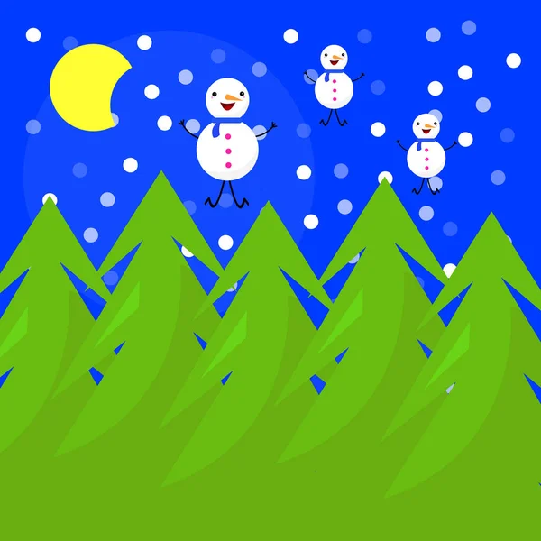 冬月在雪地的夜空中闪闪发光 雪人欢快地爬过圣诞树顶上寒冷的季节 — 图库矢量图片