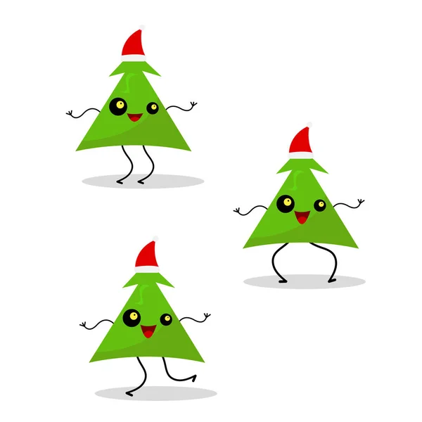 Árbol Navidad Verde Conjunto Personajes Dibujos Animados Bailando Sombreros Rojos — Vector de stock