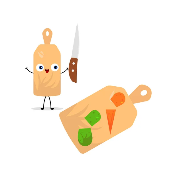 卡通人物拿着一把锋利的小刀 紧挨着几块蔬菜 躺在白色背景下的食物上 — 图库矢量图片