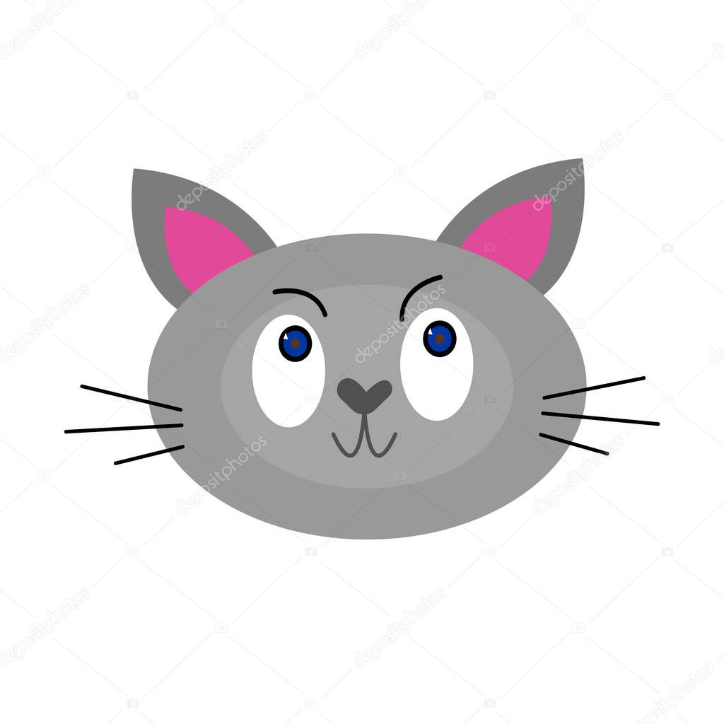 Cute gray cat closeup portrait cartoon character with blue shiny eyes and nose in the shape of a heart object on a white background pets concept.
